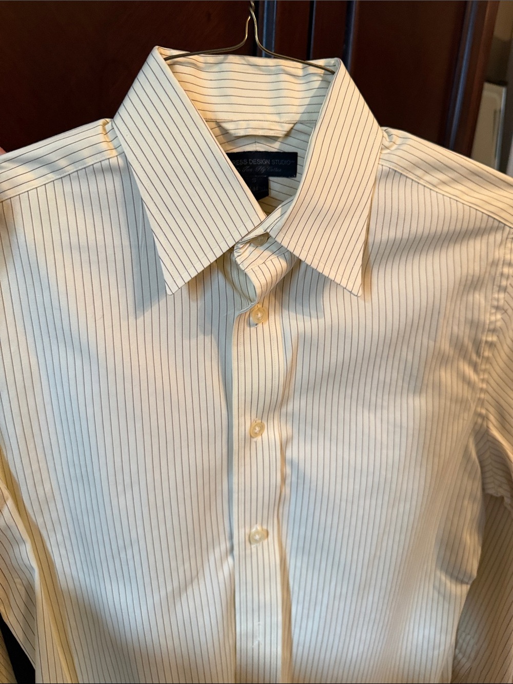 Express Men's Cream Dress Shirt with Thin Brown Pinstripes Sz Small